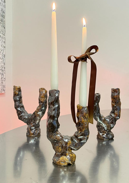 Brown Double Candleholders by HAP Ceramics
